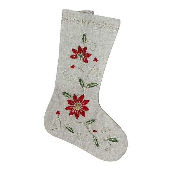 Splendid Home‎ Linen Blend Embroidered Poinsettia Lined Christmas Stockings Pair - Picture 2 of 8